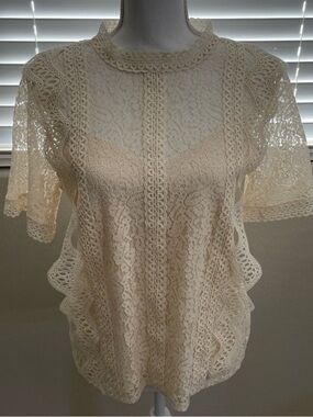 Anthropologie Cream Lace Short-Sleeve Peplum Top
